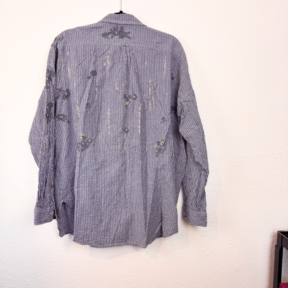 Pilcro Anthropologie Blue White Striped Embroidered Beaded Button Down Shirt XL - Picture 5 of 6